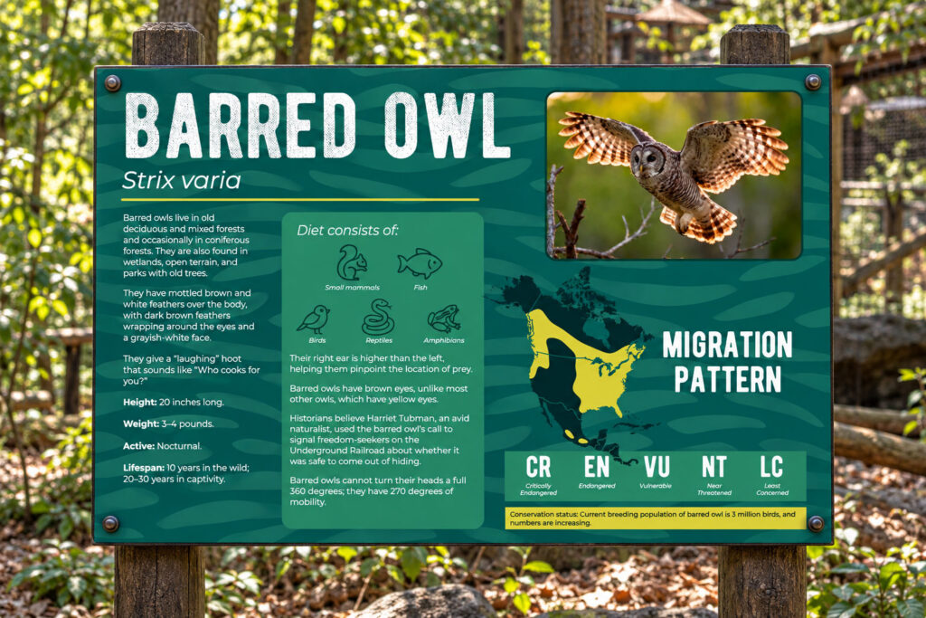 Custom Louisiana Purchase Habitat entrance archway signage - Barred Owl