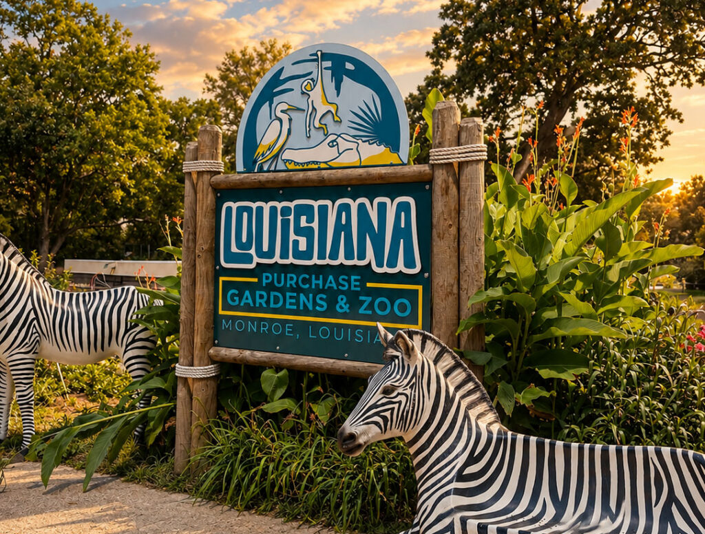 Branded Louisiana Purchase Gardens & Zoo entrance sign in Monroe, Louisiana