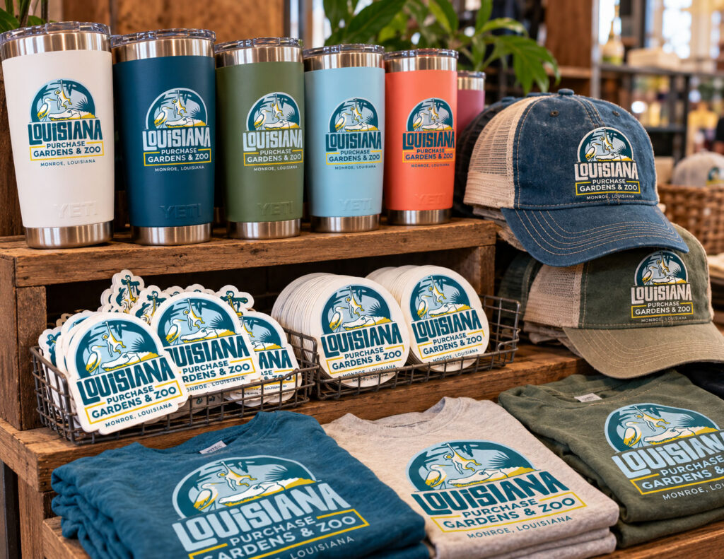 Louisiana Purchase Gardens & Zoo branded shirts, hats, tumblers, and stickers