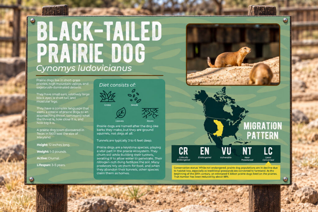 Custom wildlife educational signage designed for Louisiana Purchase Gardens & Zoo - Black-Tailed Prairie Dog Sign