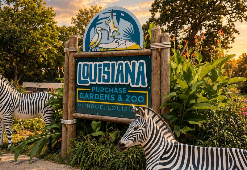 Branded Louisiana Purchase Gardens & Zoo entrance sign in Monroe, Louisiana