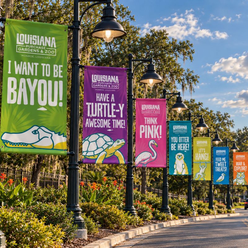Colorful zoo boulevard banners featuring wildlife illustrations and playful slogans